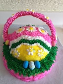 Easter basket cake with a pink handle, flowers, green grass, and candy eggs